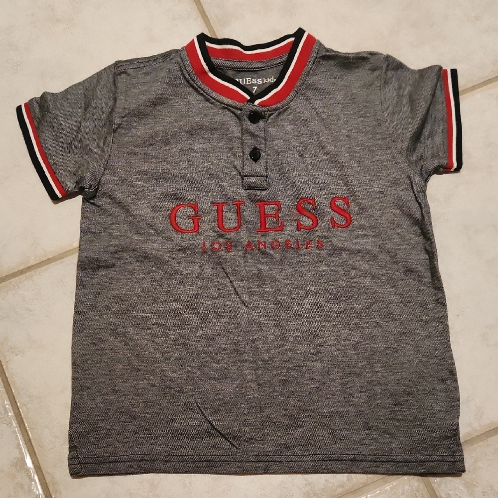 Guess Gray and Red Button Down Shirt Size 7 Embroidered Logo Accent